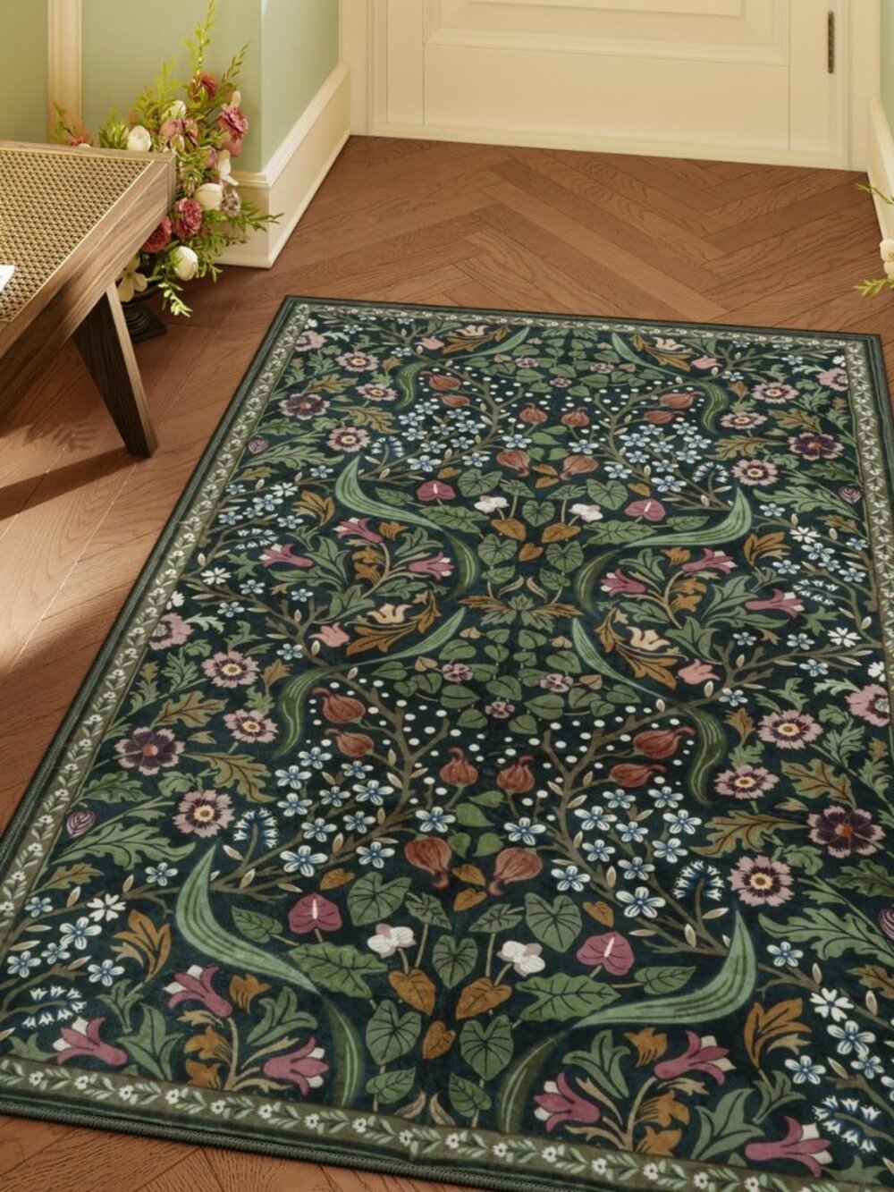 Olive Green Botanical Rug, 3x5 Washable Floral Entryway Rug